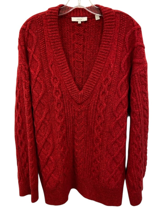 Vince Size XL Red Wool Blend Cable Knit Marled Ribbed Trim V Neck Sweater Red / XL