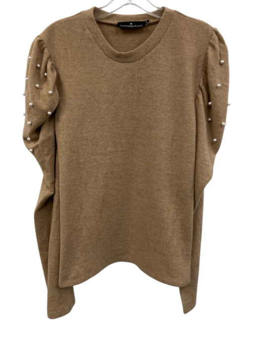Pomander Place Size XXL Tan Polyester Blend Faux Pearl Puff Shoulder Sweater Tan / XXL