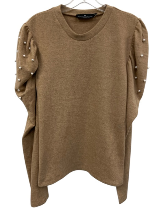 Pomander Place Size XXL Tan Polyester Blend Faux Pearl Puff Shoulder Sweater Tan / XXL