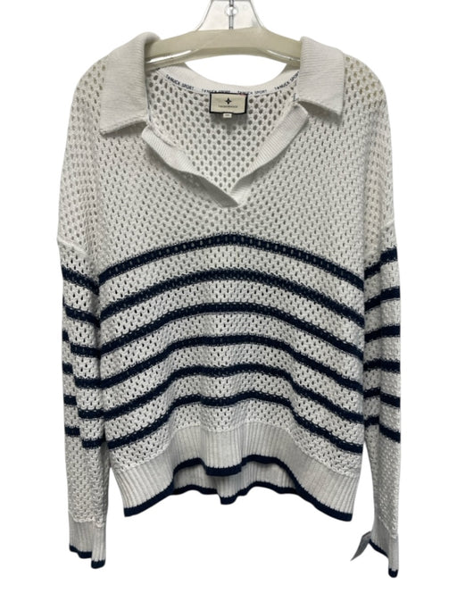 Tuckernuck Size XXL White & Navy Blue Cotton Open Knit Stripe Collar Sweater White & Navy Blue / XXL