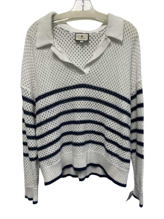 Tuckernuck Size XXL White & Navy Blue Cotton Open Knit Stripe Collar Sweater White & Navy Blue / XXL