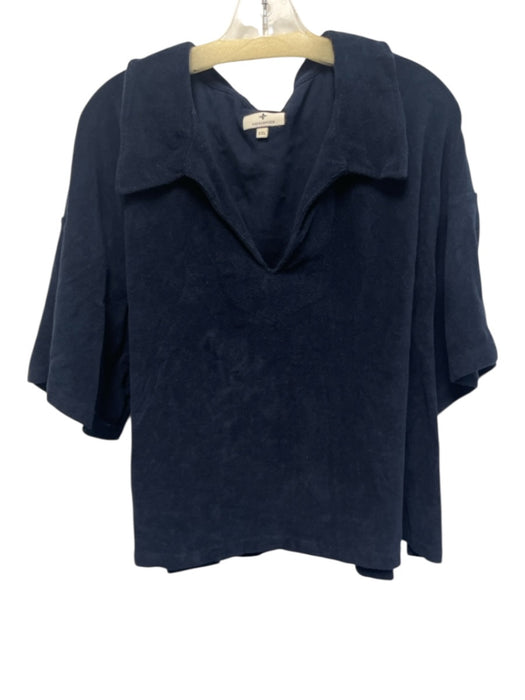 Tuckernuck Size XXL Navy Blue Cotton Terry Cloth Collar V Neck Short Sleeve Top Navy Blue / XXL