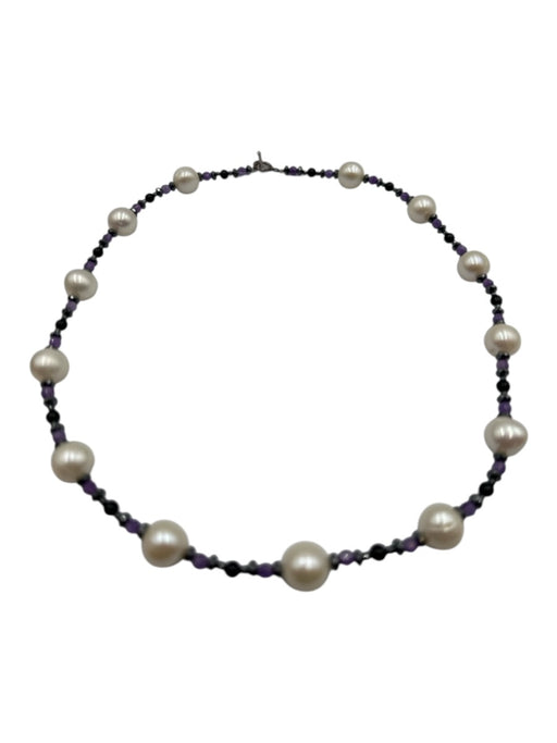 White, Purple & Black Pearl 925 Silver Beaded Toggle Clasp Necklace White, Purple & Black