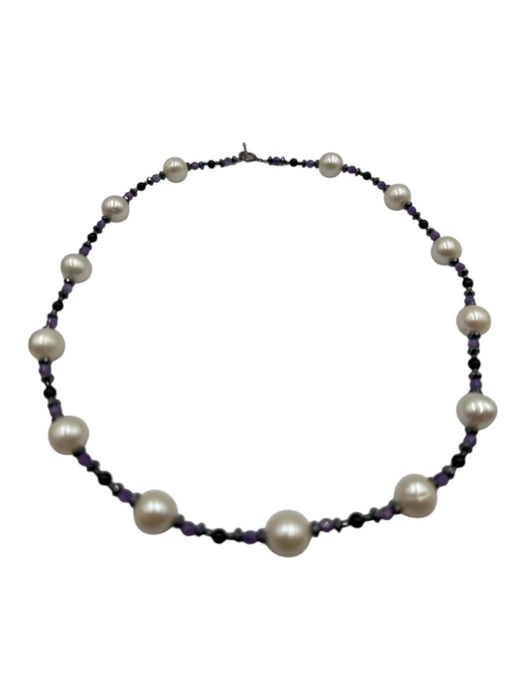White, Purple & Black Pearl 925 Silver Beaded Toggle Clasp Necklace White, Purple & Black