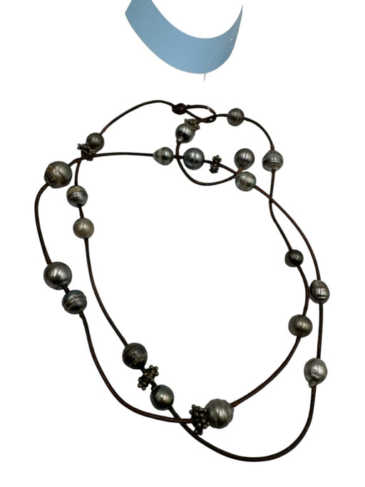 Gray & Brown Pearl Leather Cord Beaded Toggle Clasp Necklace Gray & Brown