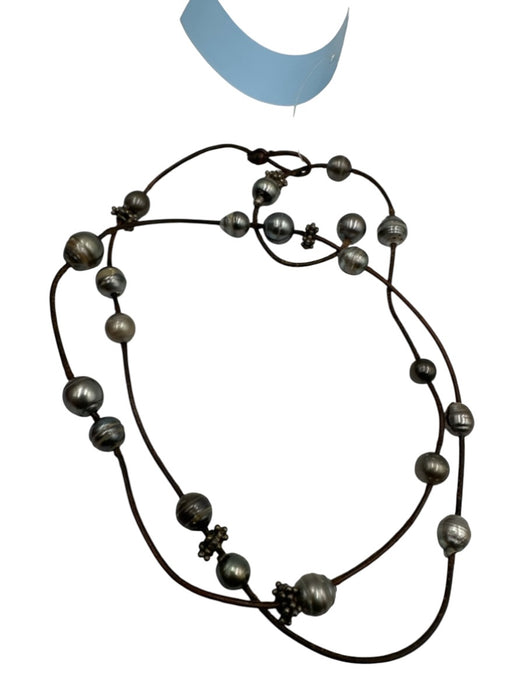 Gray & Brown Pearl Leather Cord Beaded Toggle Clasp Necklace Gray & Brown
