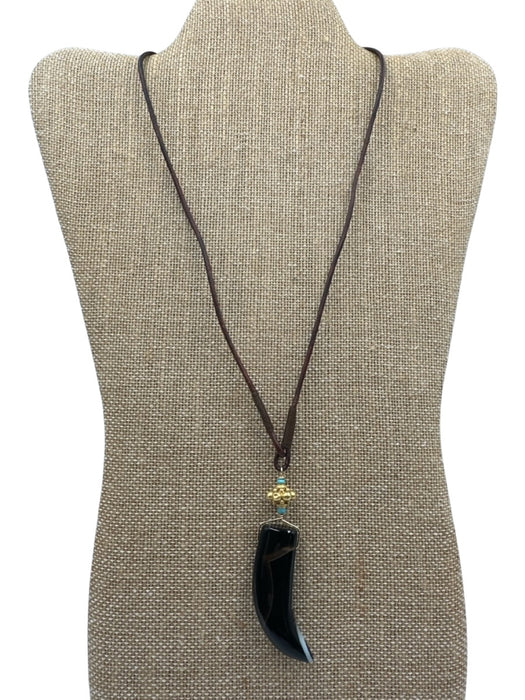 Whitney Beads Black, Brown, Gold Leather cord Acetate Horn Bead Detail Necklace Black, Brown, Gold