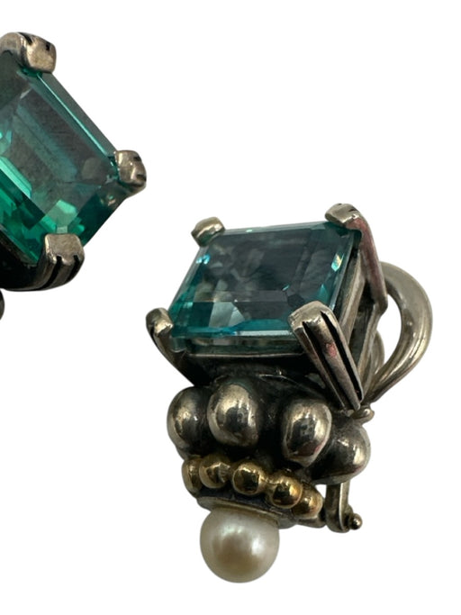 Lagos Teal & Silver 925 & 750 Topaz Rectangle Cut Pearl detail Hinge Earrings Teal & Silver