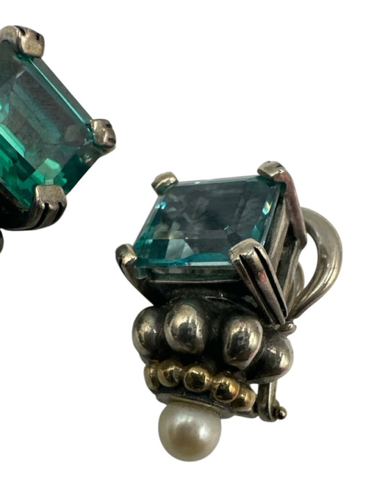 Lagos Teal & Silver 925 & 750 Topaz Rectangle Cut Pearl detail Hinge Earrings Teal & Silver