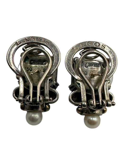 Lagos Teal & Silver 925 & 750 Topaz Rectangle Cut Pearl detail Hinge Earrings Teal & Silver