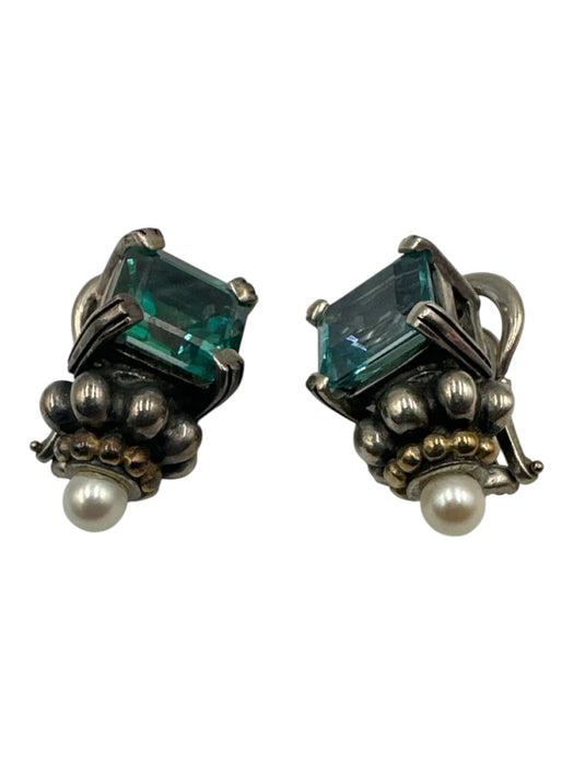 Lagos Teal & Silver 925 & 750 Topaz Rectangle Cut Pearl detail Hinge Earrings Teal & Silver