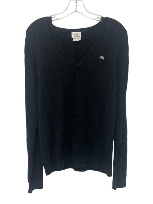 Lacoste Size 46 Black Cotton Cable Knit V Neck Ribbed Hem Pullover Sweater Black / 46