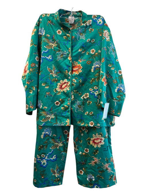 Natori Size M Green Polyester Button Down Long Sleeve Wide Leg Floral Pajamas Green / M