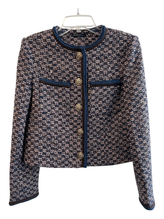 Elie Tahari Size S Navy & Brown Wool Blend Tweed Round Neck buttondown Jacket Navy & Brown / S