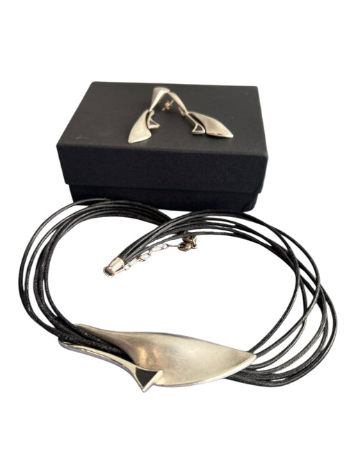 No Brand Black Stirling Silver & Leather Cord Lobster Clasp Stud Jewelry Set Black