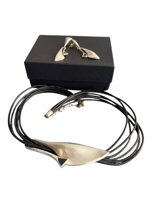 No Brand Black Stirling Silver & Leather Cord Lobster Clasp Stud Jewelry Set Black