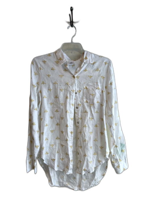 Magaschoni Size M White & Gold Linen Long Sleeve Gold bee print Collar Top White & Gold / M