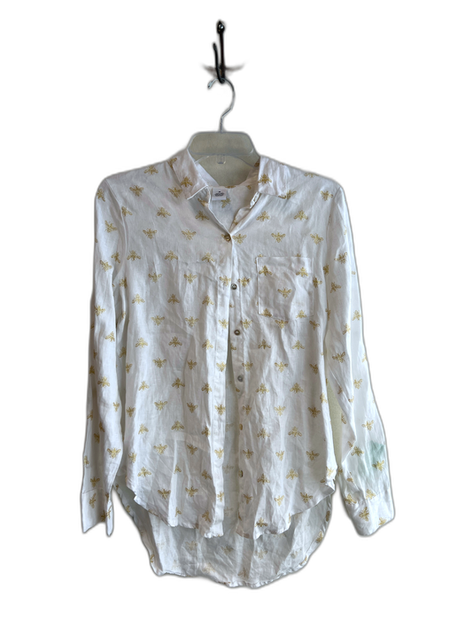 Magaschoni Size M White & Gold Linen Long Sleeve Gold bee print Collar Top White & Gold / M