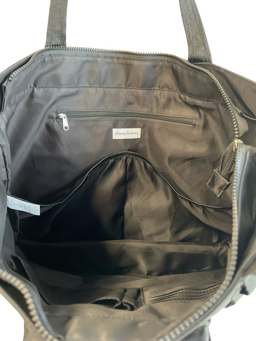Tommy Bahama Black Leather Upper Cargo Pockets Square Travel Bag Tote Bag Black / L