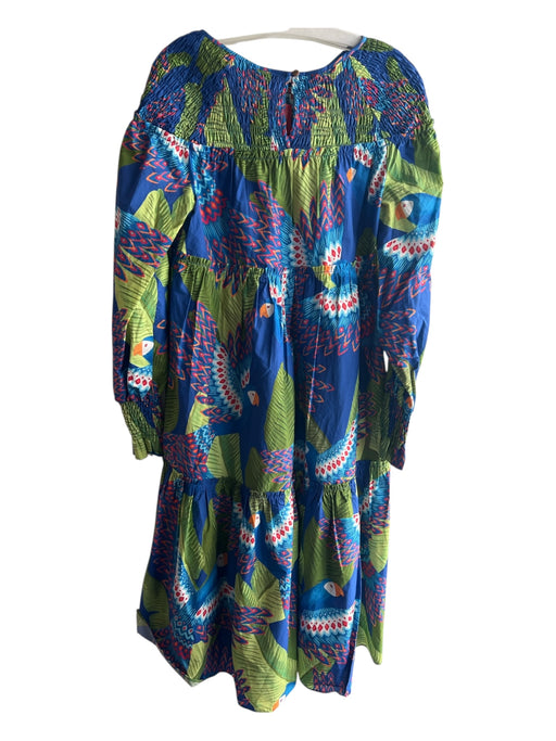 Farm Rio Size S Blue & Green Cotton Boat Neck Long Sleeve Empire Waist Dress Blue & Green / S