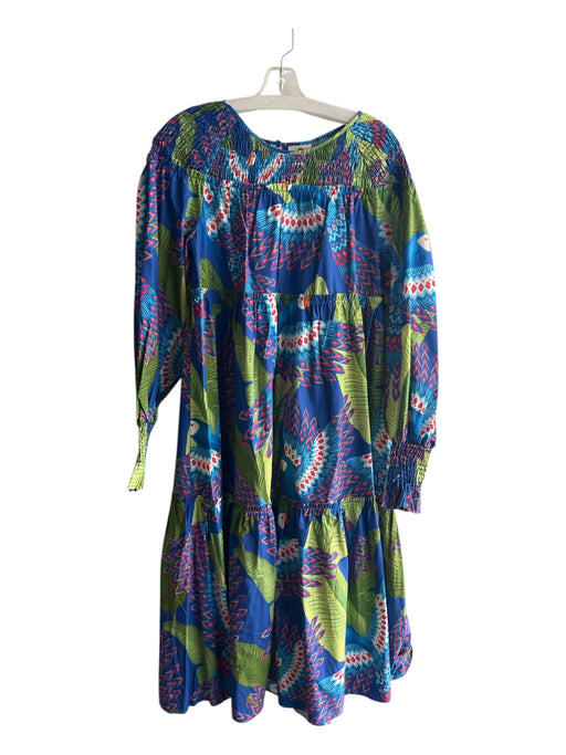 Farm Rio Size S Blue & Green Cotton Boat Neck Long Sleeve Empire Waist Dress Blue & Green / S