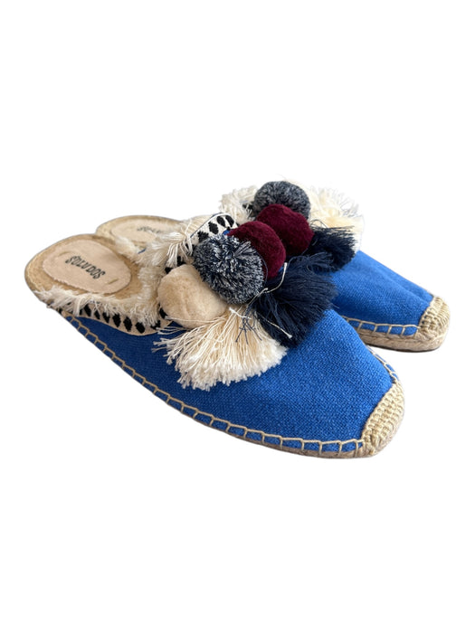 Soludos Shoe Size 8 Blue & Multi Canvas Toe cap Pom Pom Flat Slide Shoes Blue & Multi / 8