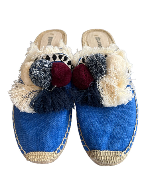 Soludos Shoe Size 8 Blue & Multi Canvas Toe cap Pom Pom Flat Slide Shoes Blue & Multi / 8
