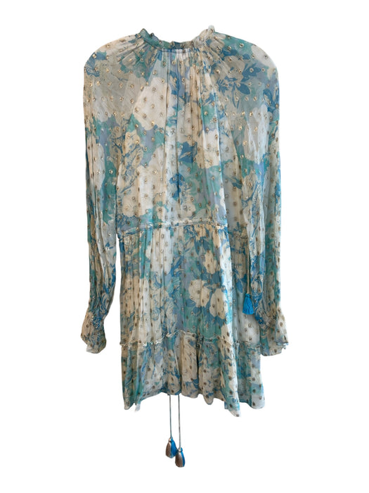 Hemant & Nandita Size Small Blue, Cream & Gold Rayon Lined Abstract Floral Dress Blue, Cream & Gold / Small