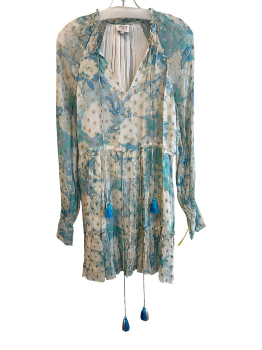 Hemant & Nandita Size Small Blue, Cream & Gold Rayon Lined Abstract Floral Dress Blue, Cream & Gold / Small