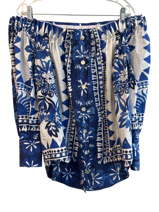 Farm Rio Size XS Blue & White Cotton Abstract & Floral Off Shoulder Top Blue & White / XS