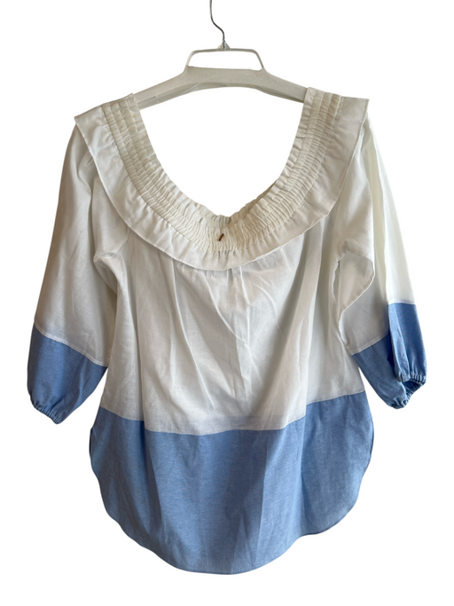 Misa Size S White & Blue Cotton Off Shoulder Long Sleeve Color Block Top White & Blue / S