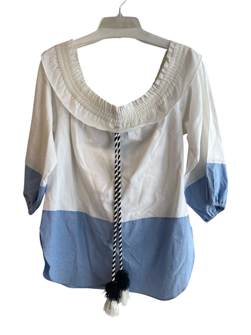Misa Size S White & Blue Cotton Off Shoulder Long Sleeve Color Block Top White & Blue / S