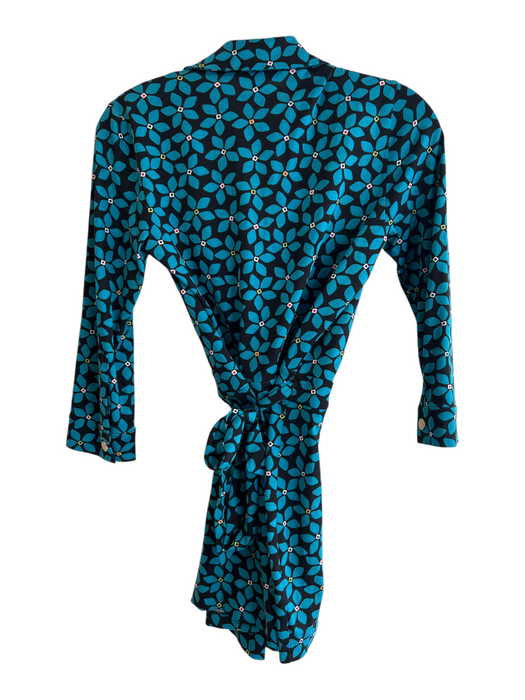 Diane Von Furstenberg Size 4 Teal & Black Cotton Blend Wrap Collared Romper Teal & Black / 4