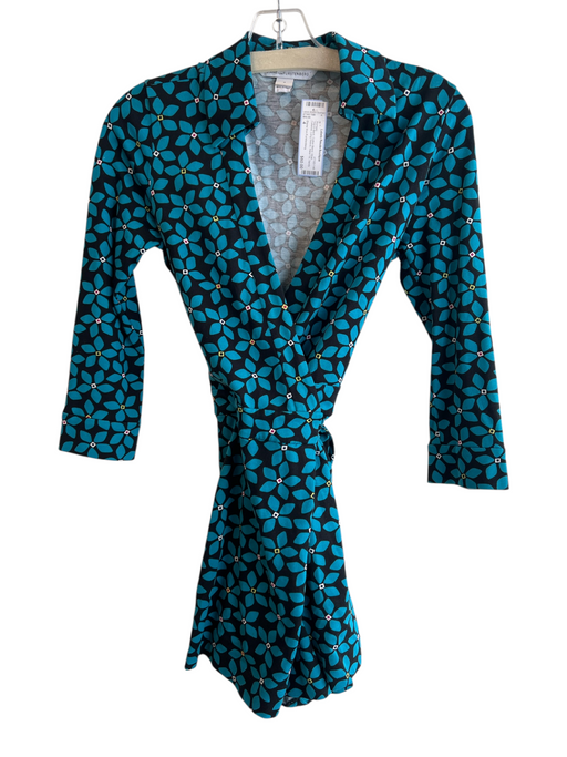 Diane Von Furstenberg Size 4 Teal & Black Cotton Blend Wrap Collared Romper Teal & Black / 4