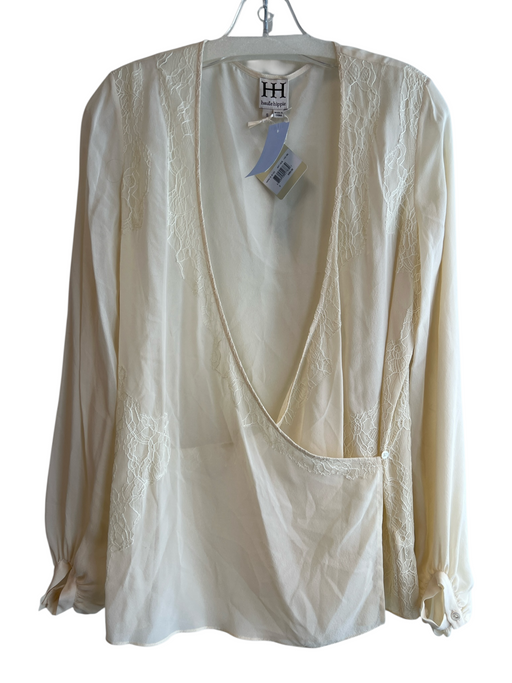 Haute Hippie Size S Ivory Silk V Neck Wrap Lace Detail Long Sleeve Top Ivory / S