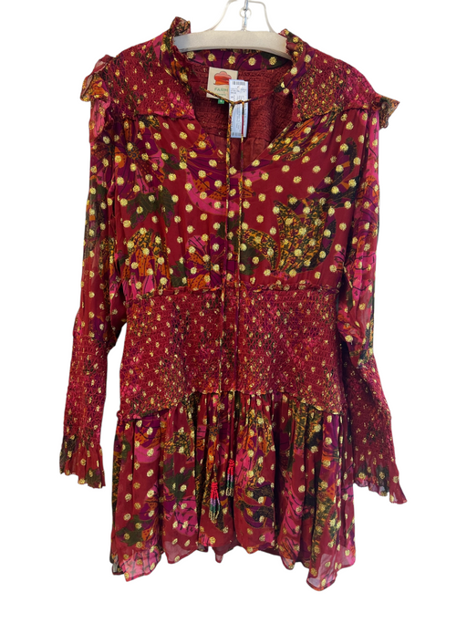 Farm Rio Size S Red & Multi Viscose Blend Tie V Neck Long Sleeve Shimmer Dress Red & Multi / S