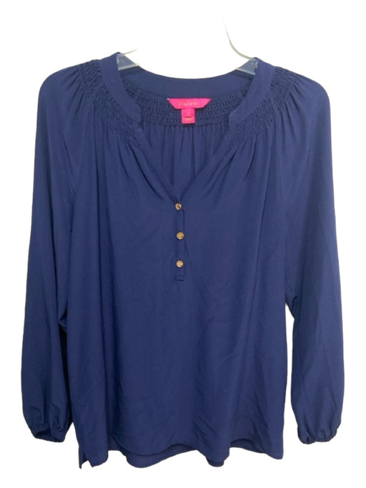 Lilly Pulitzer Size S Navy Silk Smocked Detail Gold Button Detail V Neck Top Navy / S