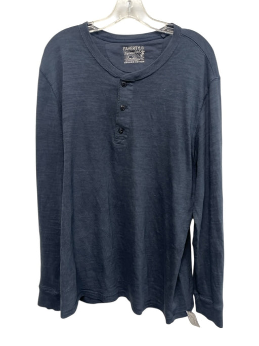 Faherty Size XL Blue Cotton Solid Henley Men's Long Sleeve Shirt Blue / XL