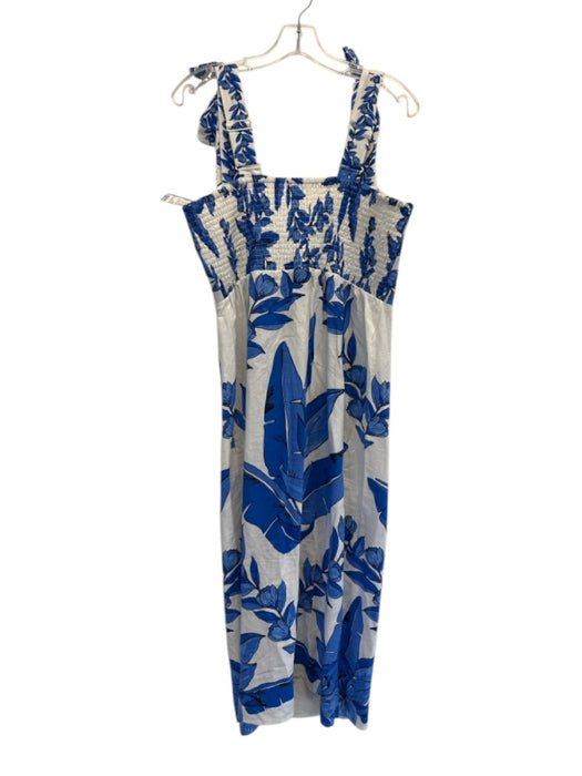 Calypso St. Barth Size Large Blue & White Linen Shirred Back Floral Beaded Dress Blue & White / Large