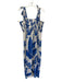 Calypso St. Barth Size Large Blue & White Linen Shirred Back Floral Beaded Dress Blue & White / Large