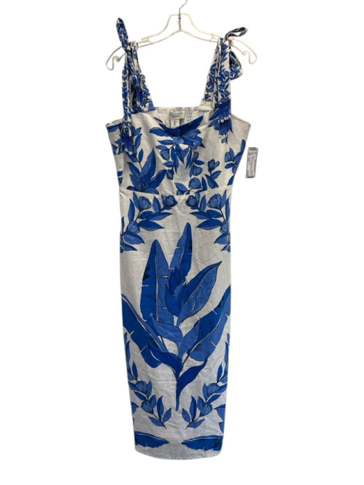 Calypso St. Barth Size Large Blue & White Linen Shirred Back Floral Beaded Dress Blue & White / Large