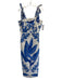 Calypso St. Barth Size Large Blue & White Linen Shirred Back Floral Beaded Dress Blue & White / Large