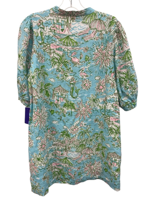 Lilly Pulitzer Size 8 Blue, Green, Pink Linen Half Puff Sleeve Floral Dress Blue, Green, Pink / 8