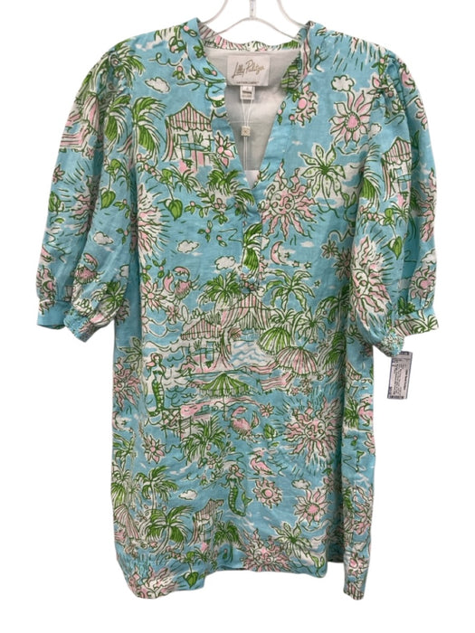 Lilly Pulitzer Size 8 Blue, Green, Pink Linen Half Puff Sleeve Floral Dress Blue, Green, Pink / 8