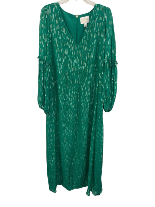 Lilly Pulitzer Size 12 Green & Gold Viscose Blend Long Sleeve V Neck Dress Green & Gold / 12