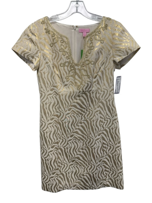 Lilly Pulitzer Size 4 Gold & White Cotton Blend Short Sleeve Zebra Print Dress Gold & White / 4