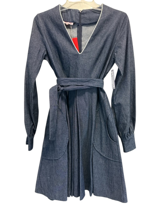 Kayce Hughes Size 4 Dark Wash Cotton Denim Long Sleeve V Neck Piping Dress Dark Wash / 4