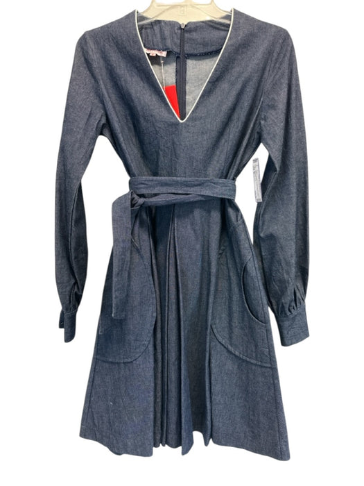 Kayce Hughes Size 4 Dark Wash Cotton Denim Long Sleeve V Neck Piping Dress Dark Wash / 4