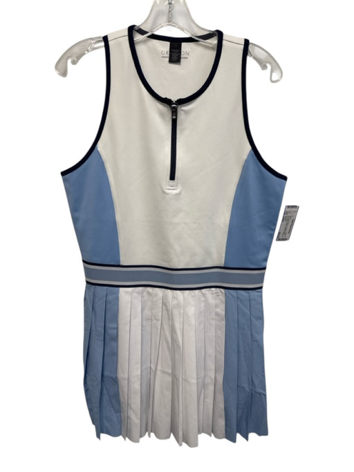 Greyson Size Large Blue & White Polyester Blend Sleeveless Striped Pleated Dress Blue & White / Large