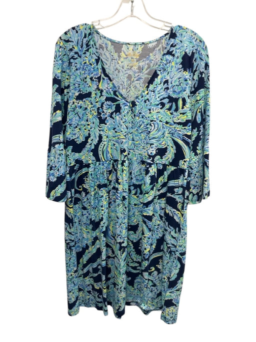 Lilly Pulitzer Size Medium Blue, Green, Yellow Cotton Long Sleeve seaweed Dress Blue, Green, Yellow / Medium